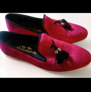 Harpelunde Red Velvet Slip-On Loafers Mens 11 Tassels Gold Unique Designer